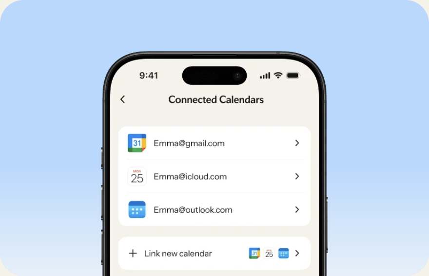 Google, Apple, and Outlook calendars connected in Nori