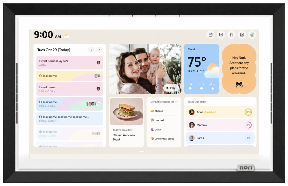 Nori Family Hub showing calendars, tasks, meals, shopping, and family updates
