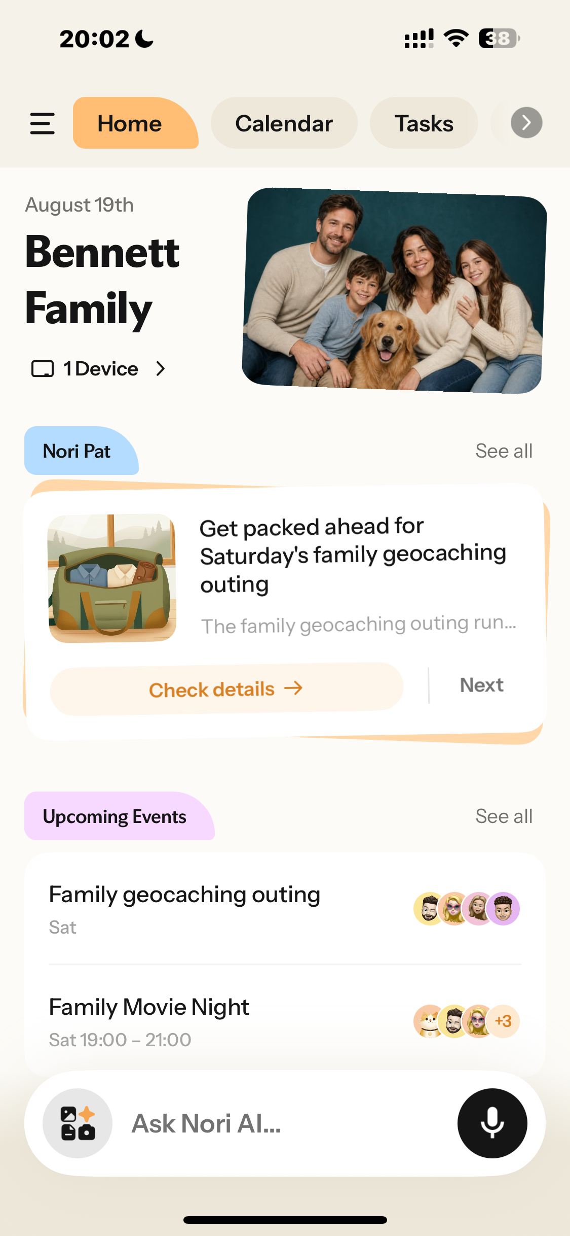 Nori home screen showing the Bennett family, Nori Pat, upcoming events, and Ask Nori AI