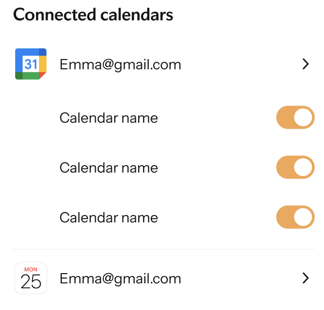 Google and Apple calendars connected and switched on in Nori